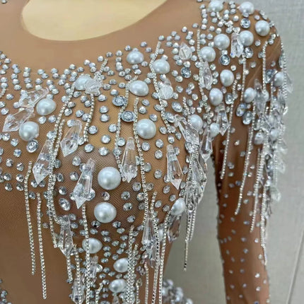 Sparkly Rhinestone, Pearl & Chain Long-Sleeve Mesh Bodysuit Stage Performance Costume