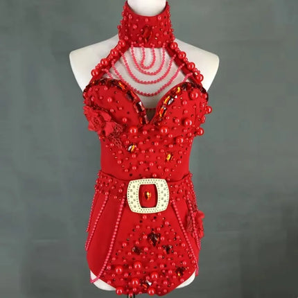 Red White Beading Halter Bodysuit Women Backless Dance Costume Nightclub Singer Stage Performance Outfit