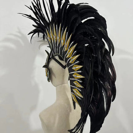 The Stardust Dark Empress – Premium Black Feathered Carnival & Gogo Headdress