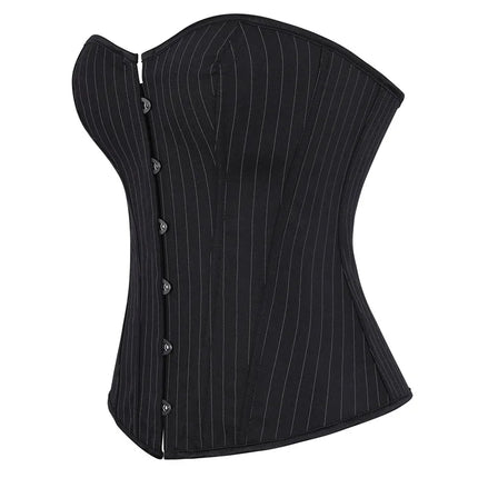Black Striped Overbust Corset Top Zipper Front Lace-Up Bustier Body Shaper
