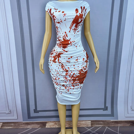 Blood Splatter Rhinestone Ruched Midi Dress Sleeveless Halloween Stage Costume
