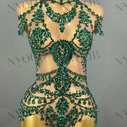 The Stardust Mirage Transparent Bodysuit – Luxury Rhinestone Mesh Stage Wear Leotard