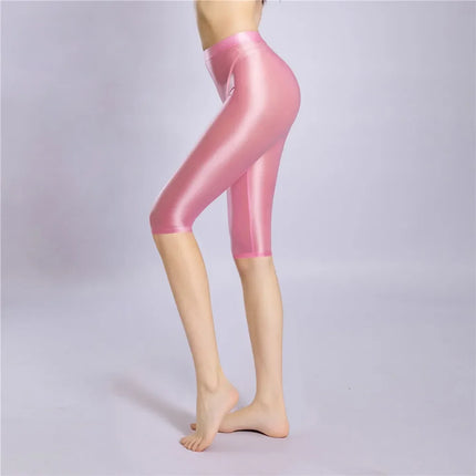Women's Oil Glossy Sheer High-Waist Shaping Shorts Satin Smooth Leggings