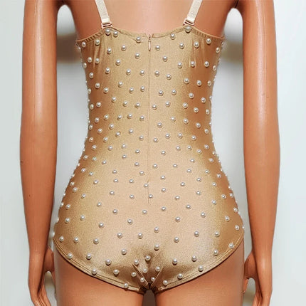 Pearl Encrusted Nude Illusion Bodysuit Sparkly Stage Dance Leotard Costume