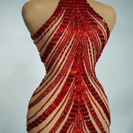Sparkly Rhinestone High-Neck Sheath Mini Dress Stage Dance Costume