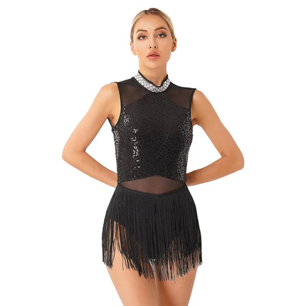 Women Sequins Diamond Latin Jazz Dance Costume Sleeveless Cutout Back Flowy Tassel Dress Leotard Tango Cha-Cha Samba Dancewear