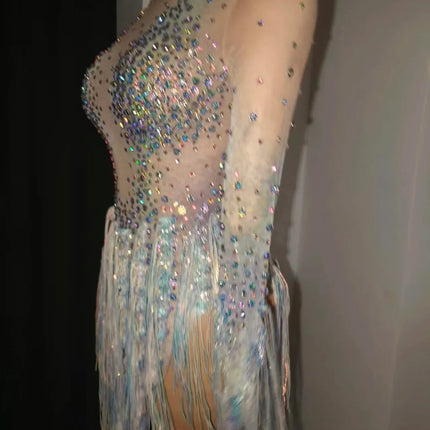 Iridescent Crystal Tassel Long Sleeve Sheer Mesh Stage Bodysuit Costume