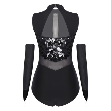 Sparkly Sequin Mock Neck Dance Leotard & Gloves Two-Piece Bodysuit Set
