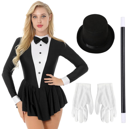 Tuxedo Bowknot Long Sleeve Ruffle Leotard Dress Magician Costume