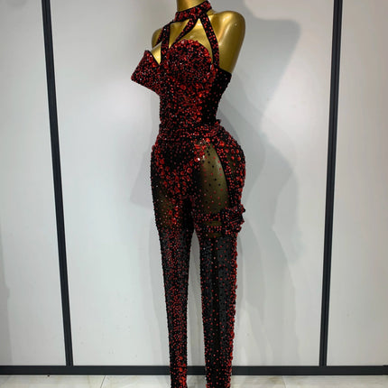 Crimson Diamond Rhinestone Catsuit Sheer Mesh Backless Jumpsuit Stage Costume
