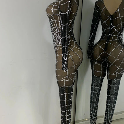 Black Spider Mesh Jumpsuit For Women Sexy Long Sleeve Performance Rompers Dance Show Stage Costume