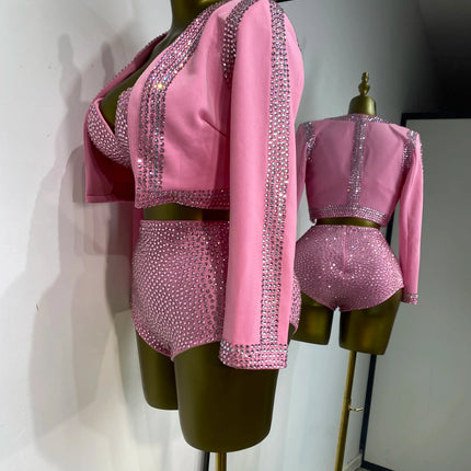 Rhinestone Bustier, High-Waist Mini Shorts & Cropped Jacket 3-Piece Performance Costume Set