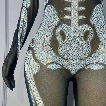 Rhinestone Skeleton Monster Cosplay Jumpsuit & Halloween Stage Dance Romper