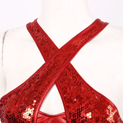 Sequined Fringe Cross-Front Latin Dance Leotard Costume Dress