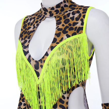 Leopard Cutout Bodysuit & Fringe Sleeves 2-Piece Latin Ballroom Stage Costume Set