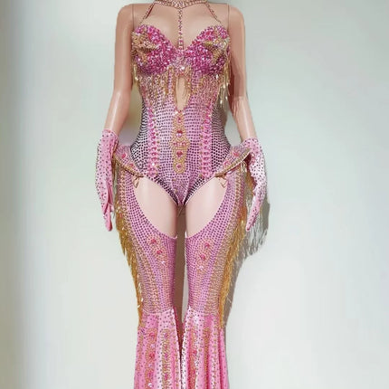 The Stardust Showstopper 4-Piece Rhinestone Ensemble – Luxury Stage Bodysuit & Jumpsuit Set