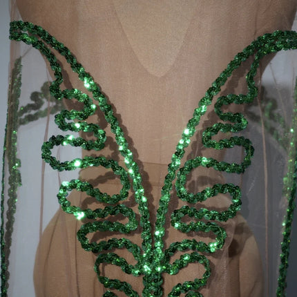 Sparkly Green Sequin Sheer Mesh Evening Gown with Cloak Stage Performance Costume