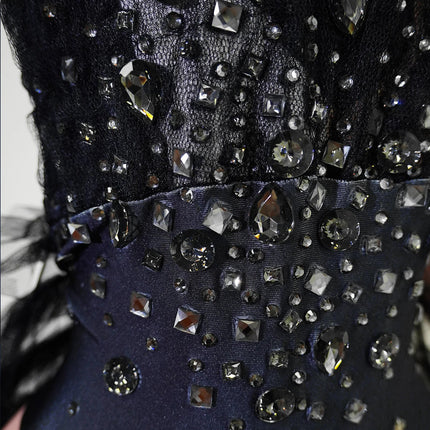 Black Rhinestone One-Shoulder Bodysuit & Trailing Tulle Train Stage Costume Set