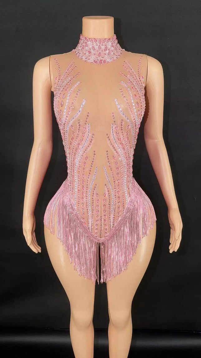 Sparkly Rhinestone, Sequin & Fringe Sleeveless Bodysuit Stage Performance Costume