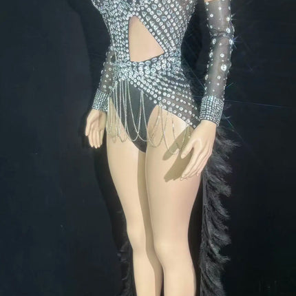 Rhinestone Chain Bodysuit with Detachable Feather Train & Sleeves 3-Piece Stage Costume Set
