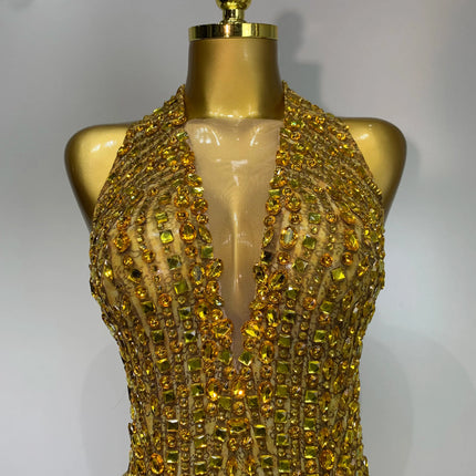 Gold Rhinestone Sheer Mesh Bodysuit Luxury Stage Performance Jumpsuit
