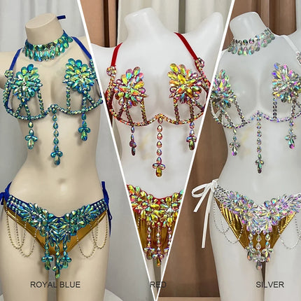 The Stardust Empress Royale – Deluxe Rhinestone Samba Carnival Wire Bra, Panty, Belt & Necklace 4-Piece Costume Set
