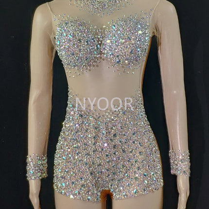 Luxurious AB Crystal Rhinestone Stage Dance Costume Illusion Romper