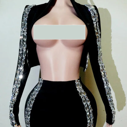 Crystal Rhinestone Halter Crop Top & Mini Skirt 2-Piece Stage Costume Set