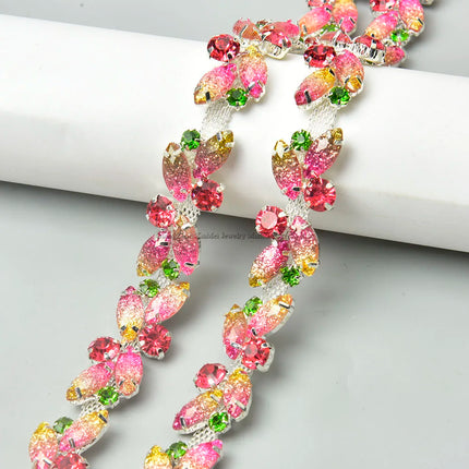 The Stardust Pink Blossom – Glitter Pink Leaf Glass Rhinestone Chain & Trim Applique
