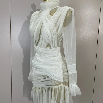 White High Collar Long Sleeve Solid Mesh Sexy See Through Ruffle Mini Dress