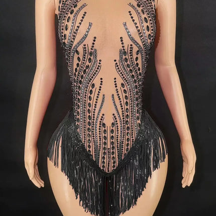 Sparkly Rhinestone, Sequin & Fringe Sleeveless Bodysuit Stage Performance Costume