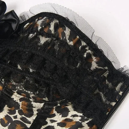 Leopard Satin Overbust Corset Lace Bowknot Clubwear Showgirl Body Shaper