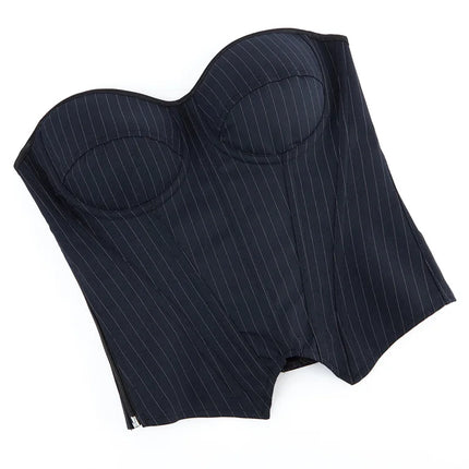Black Striped Overbust Corset Top Zipper Front Lace-Up Bustier Body Shaper