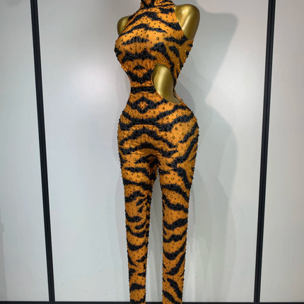 Tiger Print Rhinestone Catsuit Illusion Mesh Long-Sleeve Jumpsuit Stage Performance Costume