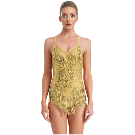 Sequins Fringed Cross Back Latin Dance Leotard Sleeveless V-Neck Bodysuit