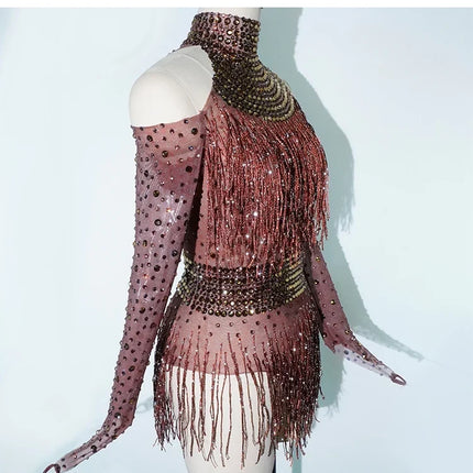 Rhinestone Tassel Mesh Performance Bodysuit