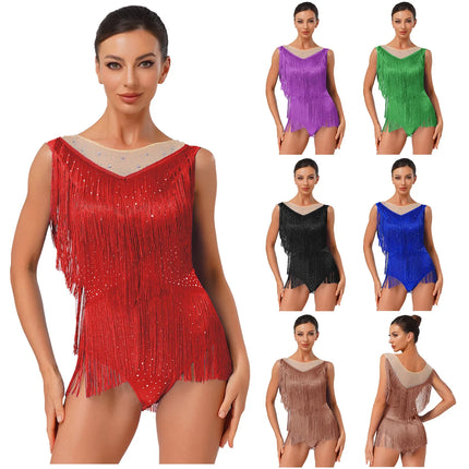 Sparkly Rhinestone & Tassel Fringe Latin Dance Leotard Crew Neck Bodysuit