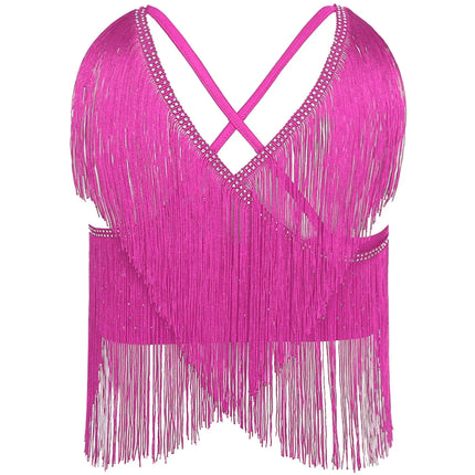 V-Neck Crisscross Back Tassel Fringe Crop Top Latin Salsa Dance Costume