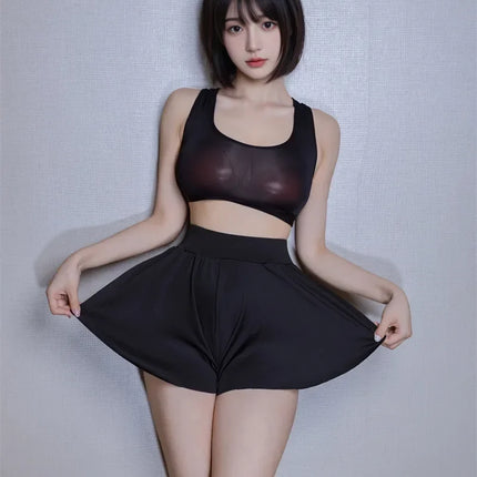 Ice Silk High-Waist Split Flared Mini Shorts High-Stretch Micro Hot Pants