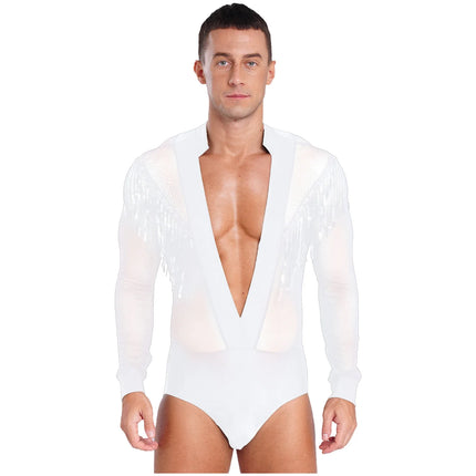 Men's Latin Salsa Sequin Tassel & Rhinestone V-Neck Performance Leotard Bodysuit
