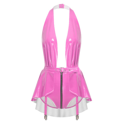 Glossy Wet-Look Halter Romper Bodysuit with Flared Skirt Hem & Integrated Garters