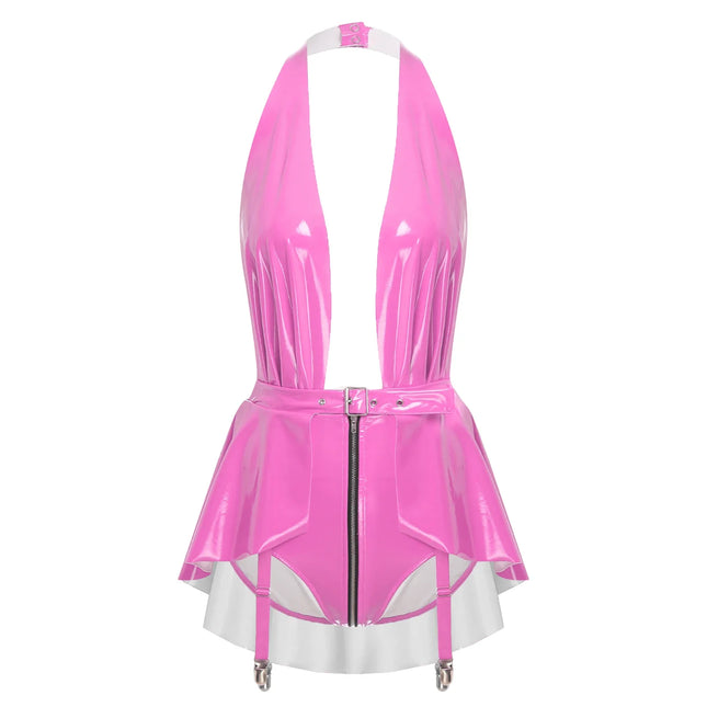 Glossy Wet-Look Halter Romper Bodysuit with Flared Skirt Hem & Integrated Garters