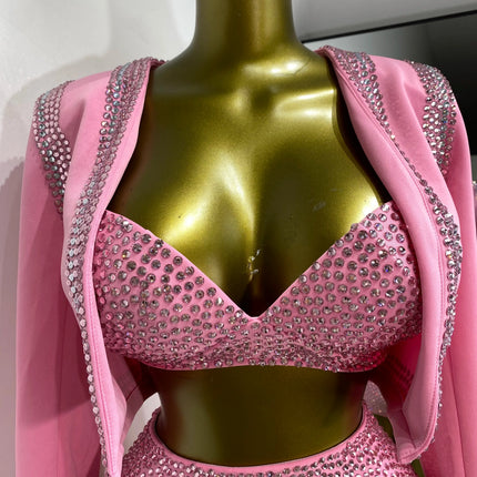 Rhinestone Bustier, High-Waist Mini Shorts & Cropped Jacket 3-Piece Performance Costume Set