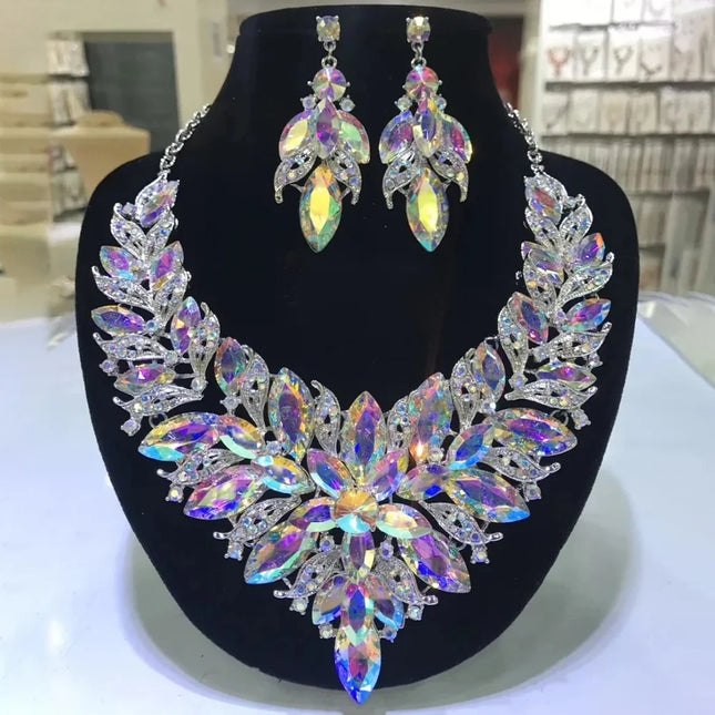 Colorful Rhinestone Crystal Necklace & Earring Jewelry Set