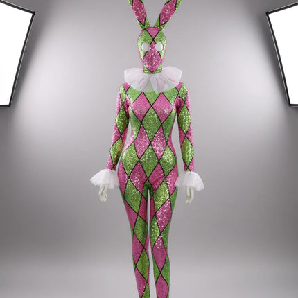 Futuristic Geometric Rhinestone Bunny Bodysuit – Luxury Showgirl Stage Costume & Exotic Festival Leotard with Statement Collar