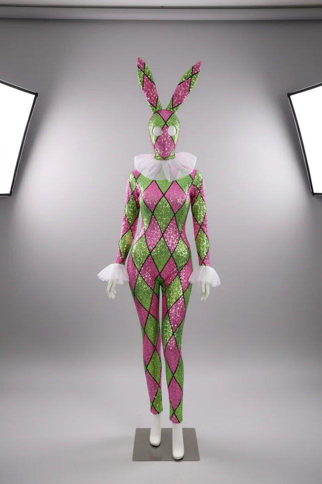 Futuristic Geometric Rhinestone Bunny Bodysuit – Luxury Showgirl Stage Costume & Exotic Festival Leotard with Statement Collar
