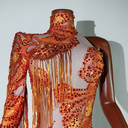 Leopard Sequin Fringe Asymmetrical Bodysuit One-Sleeve Stage Performance Costume