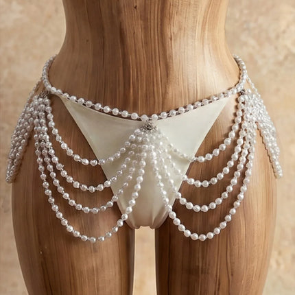 The Stardust Pearl Cascade 4-Piece Bikini – Luxury Pearl Body Chain Showgirl Set