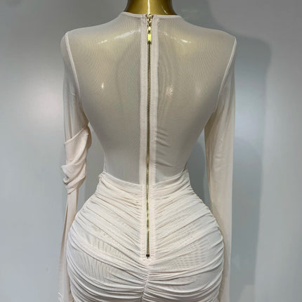 Ruched Mesh Draped Bodycon Maxi Dress Long Sleeve Illusion Evening Gown