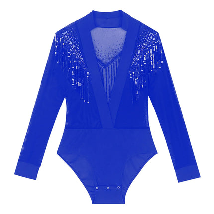 Men's Latin Salsa Sequin Tassel & Rhinestone V-Neck Performance Leotard Bodysuit